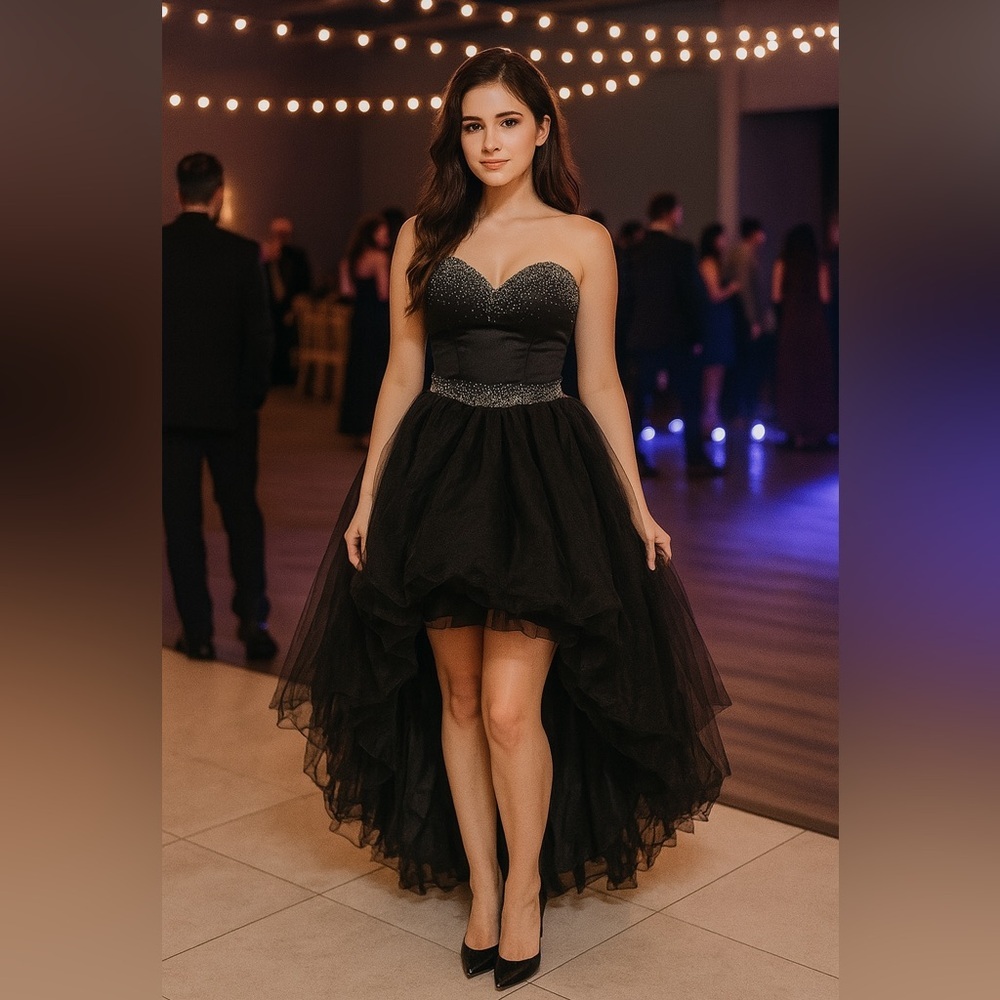 High Low Goth Corset Rhinestone Black Tulle Dress For Prom/ Halloween/ Wedding